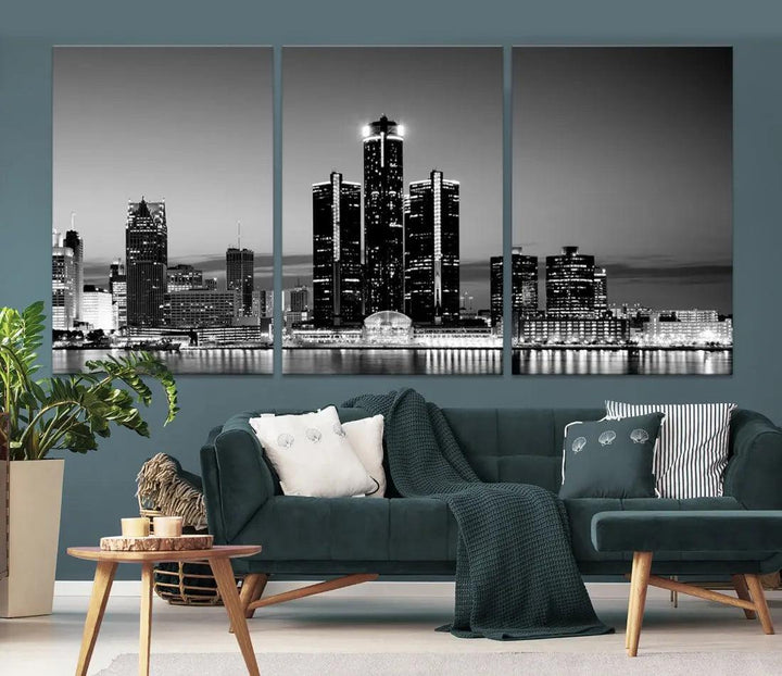 Extra Large Detroit Skyline Black and White Cityscape Wall Art Canvas Print