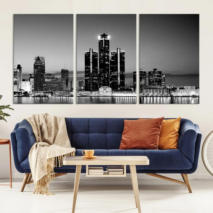 Extra Large Detroit Skyline Black and White Cityscape Wall Art Canvas Print