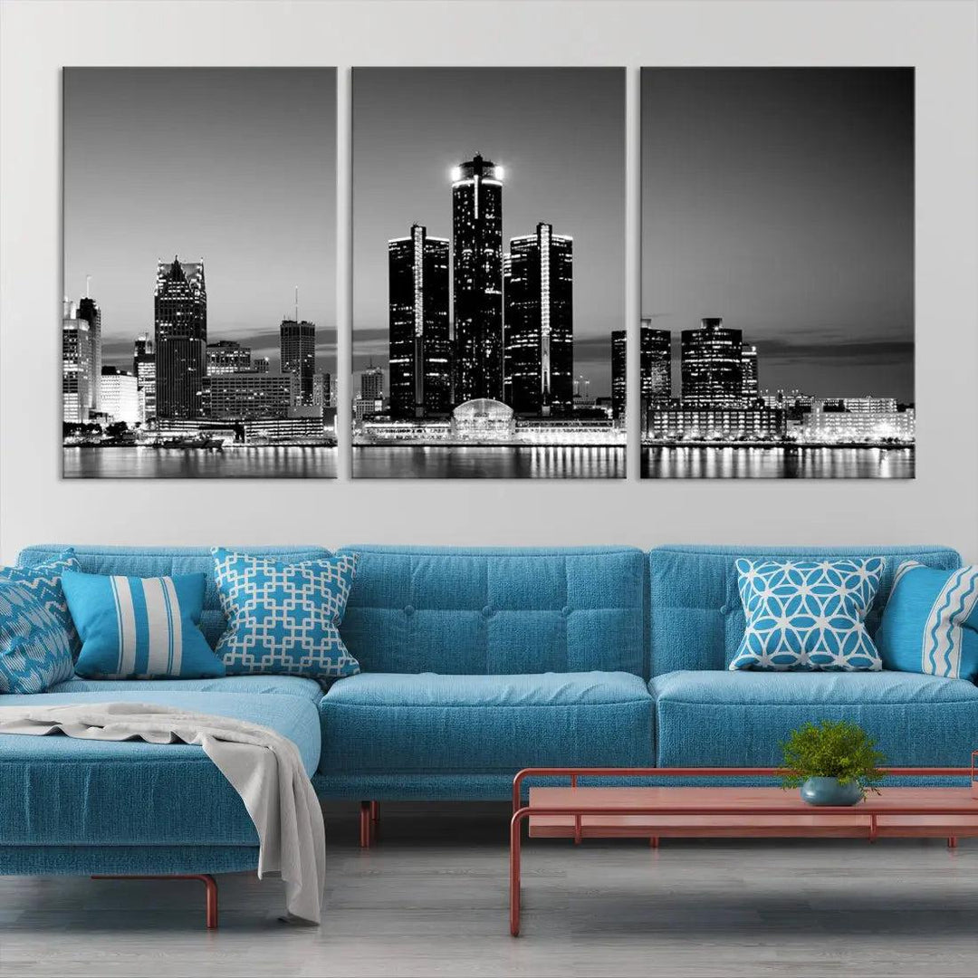 Extra Large Detroit Skyline Black and White Cityscape Wall Art Canvas Print