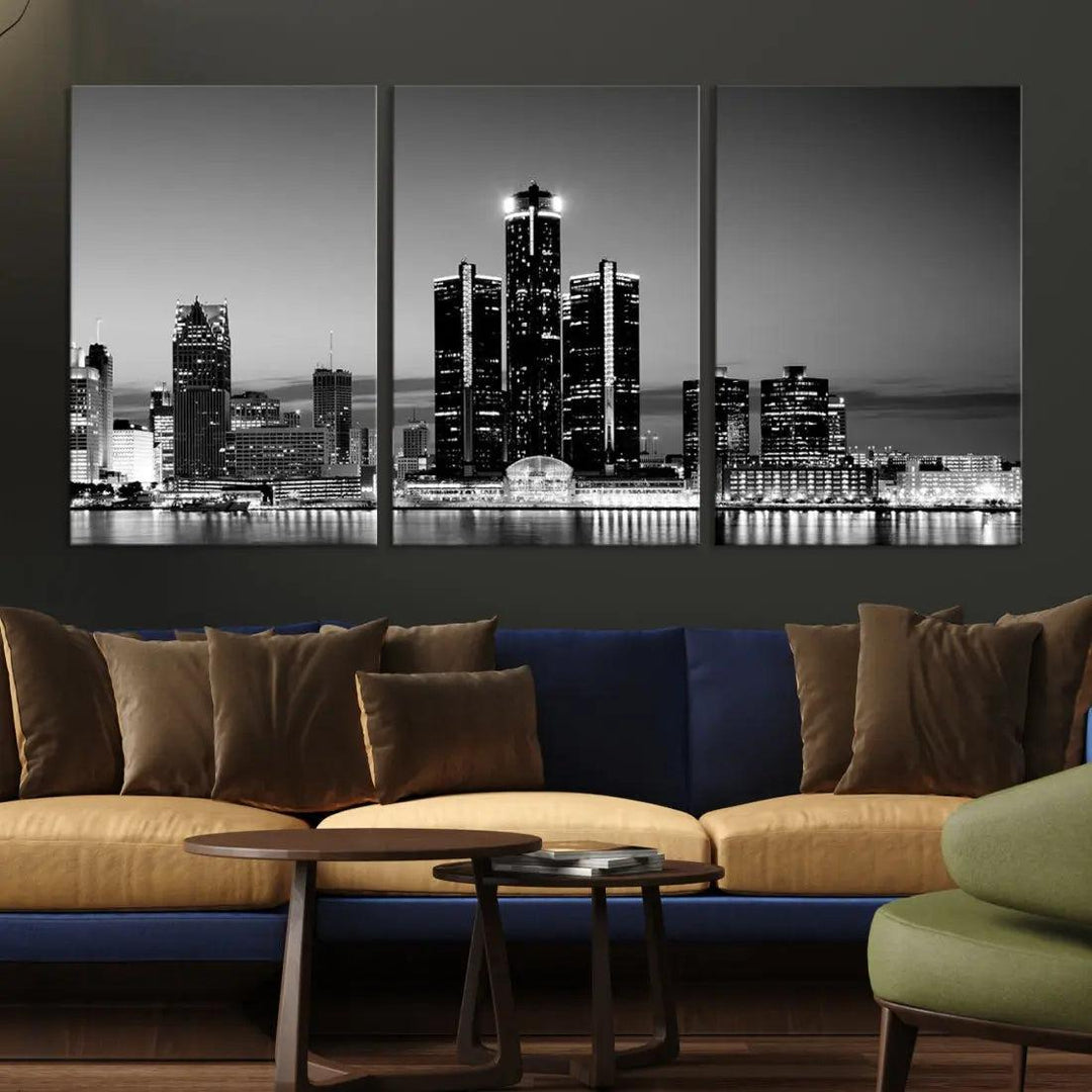 Extra Large Detroit Skyline Black and White Cityscape Wall Art Canvas Print