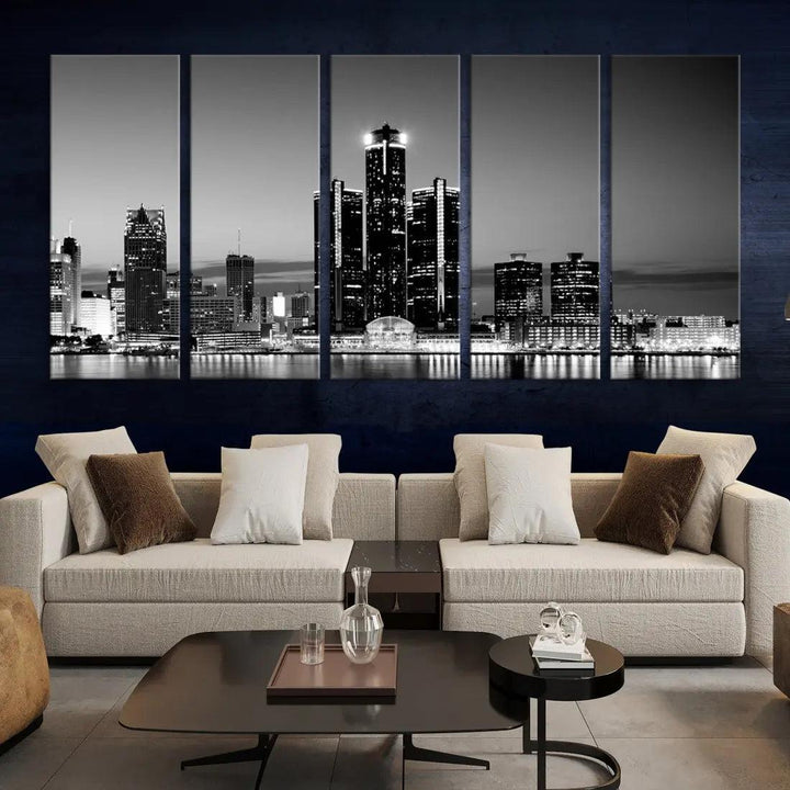 Extra Large Detroit Skyline Black and White Cityscape Wall Art Canvas Print