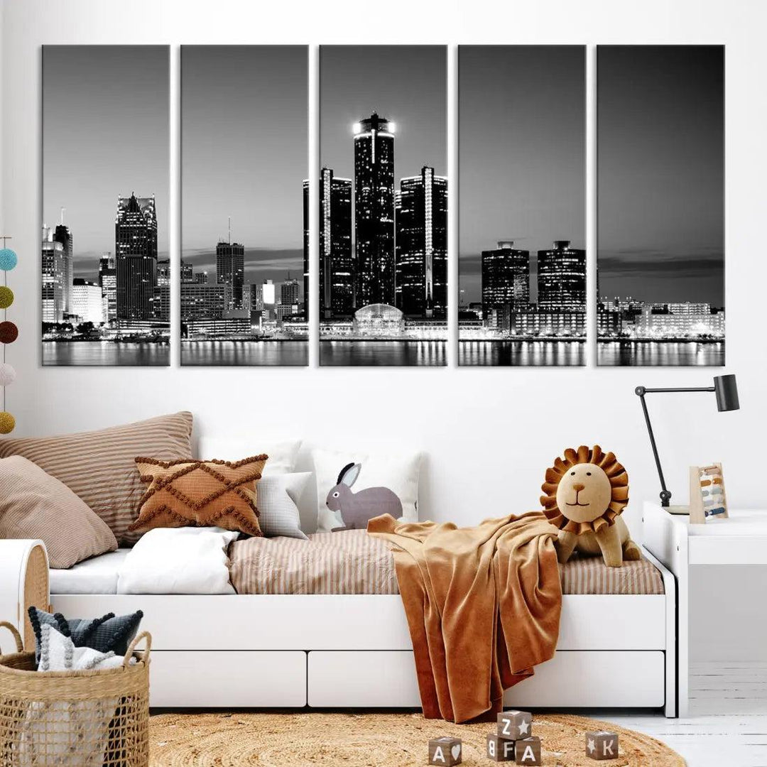 Extra Large Detroit Skyline Black and White Cityscape Wall Art Canvas Print