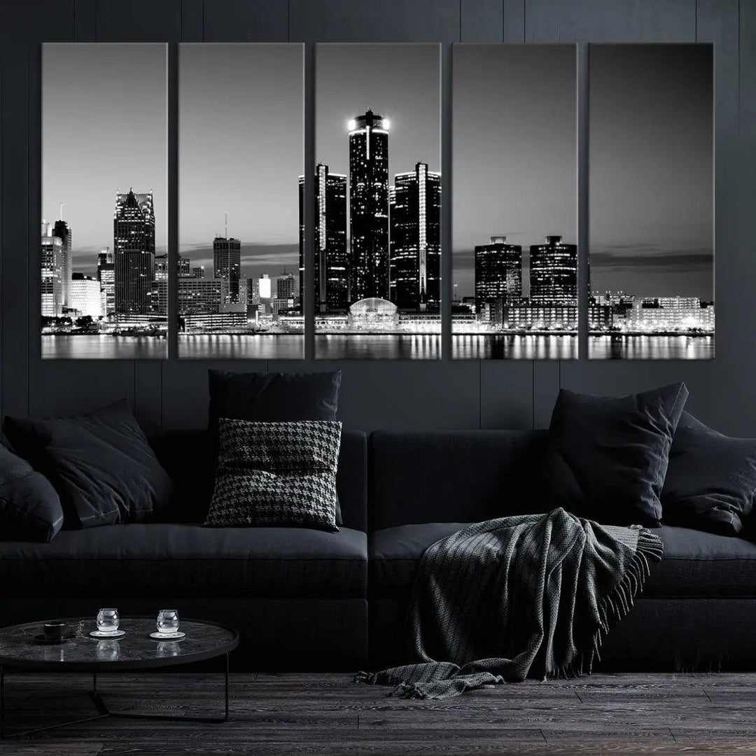 Extra Large Detroit Skyline Black and White Cityscape Wall Art Canvas Print