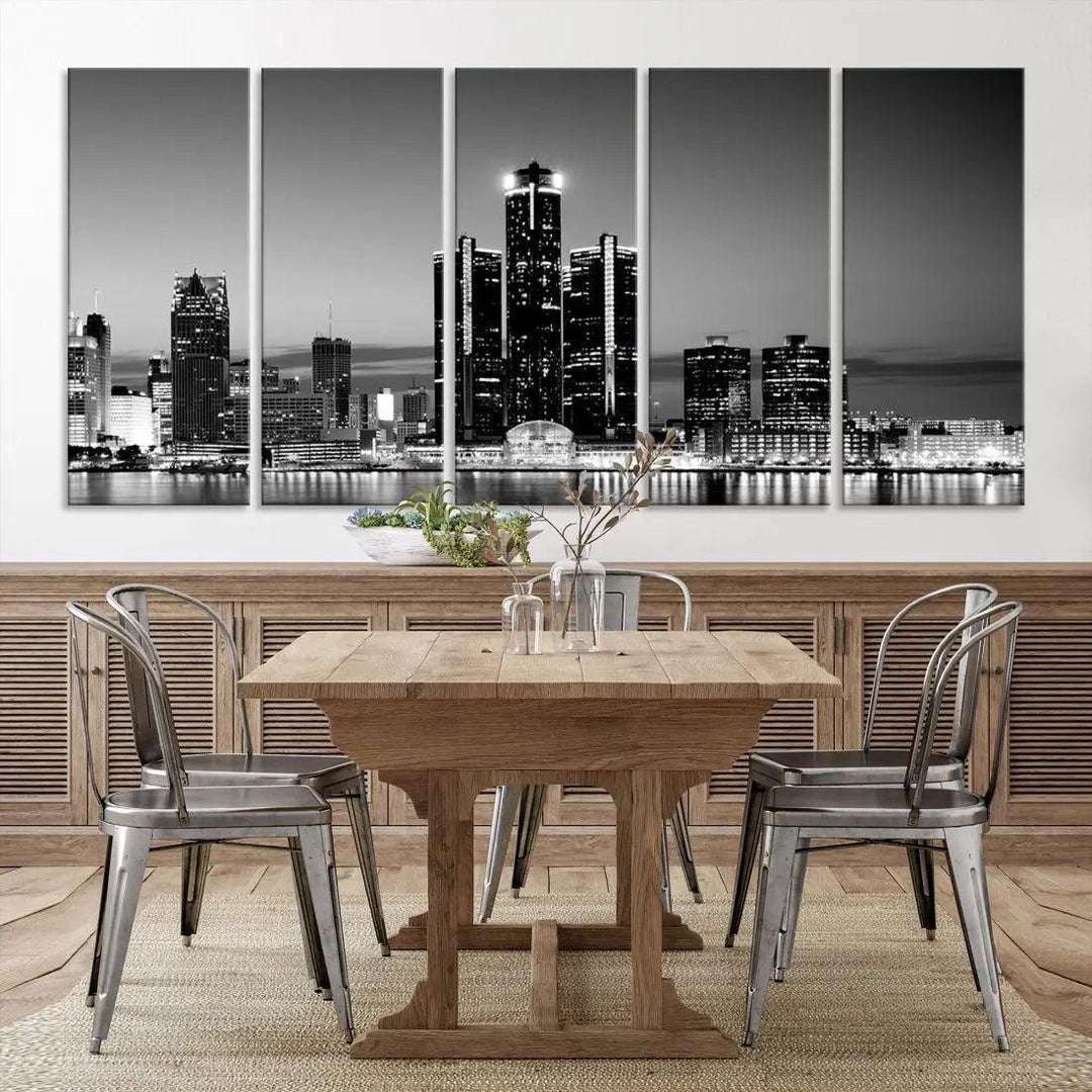 Extra Large Detroit Skyline Black and White Cityscape Wall Art Canvas Print