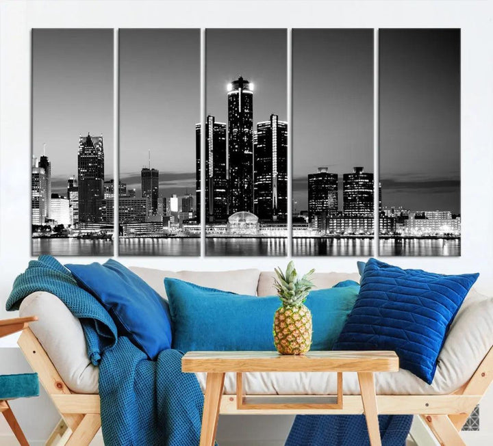 Extra Large Detroit Skyline Black and White Cityscape Wall Art Canvas Print