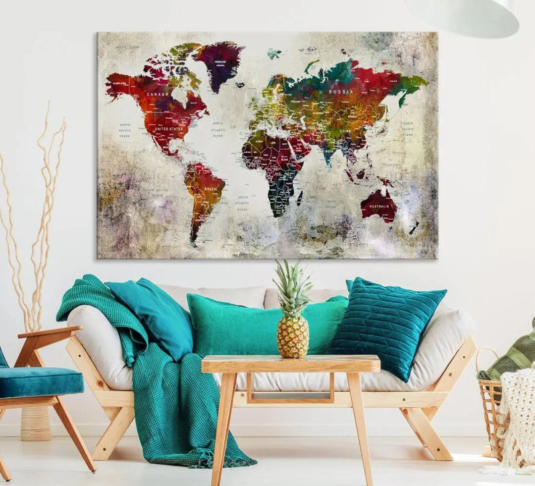 Extra Large Push Pin World Map Wall Art Canvas Print for Apartment Decor