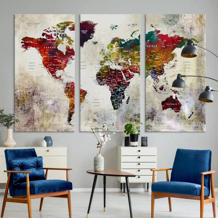 Extra Large Push Pin World Map Wall Art Canvas Print for Apartment Decor