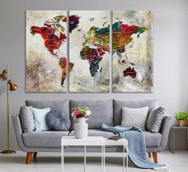 Extra Large Push Pin World Map Wall Art Canvas Print for Apartment Decor