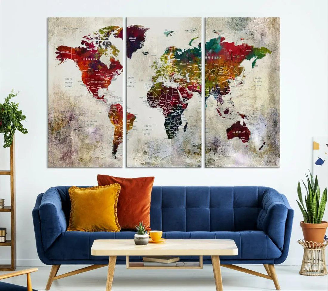 Extra Large Push Pin World Map Wall Art Canvas Print for Apartment Decor