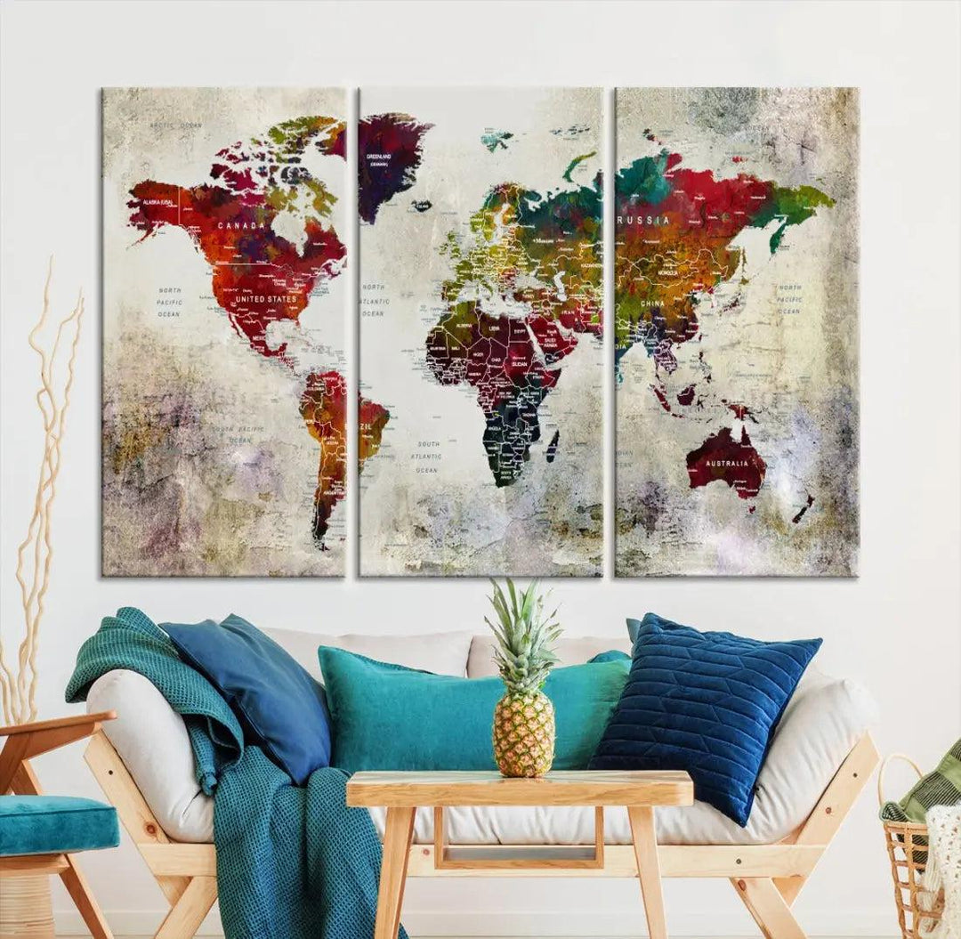 Extra Large Push Pin World Map Wall Art Canvas Print for Apartment Decor