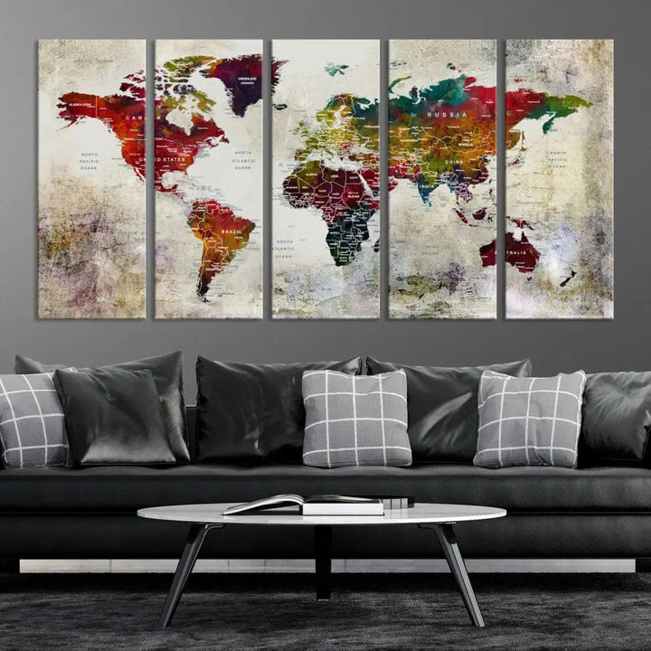 Extra Large Push Pin World Map Wall Art Canvas Print for Apartment Decor