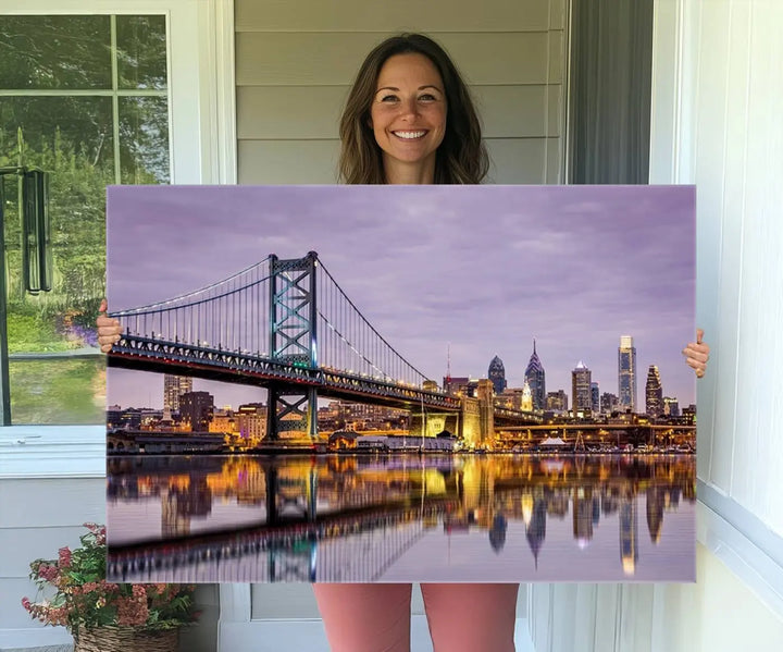 Extra Large Wall Art Philedelphia Canvas Print - Wonderful Ben Franklin Bridge with Perfect Reflection on Water at Sunset