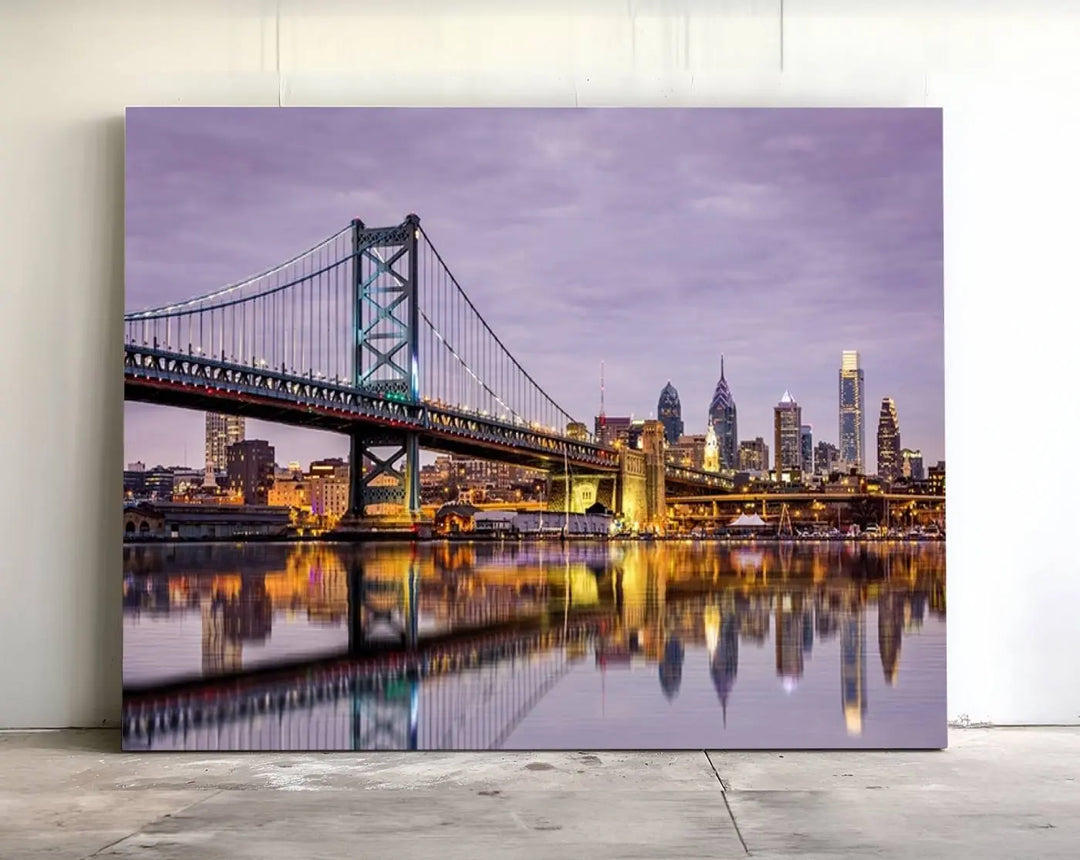 Extra Large Wall Art Philedelphia Canvas Print - Wonderful Ben Franklin Bridge with Perfect Reflection on Water at Sunset