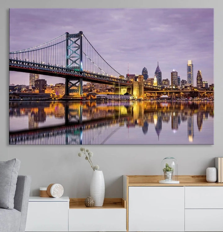 Extra Large Wall Art Philedelphia Canvas Print - Wonderful Ben Franklin Bridge with Perfect Reflection on Water at Sunset