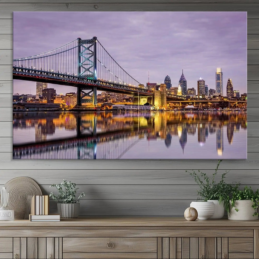 Extra Large Wall Art Philedelphia Canvas Print - Wonderful Ben Franklin Bridge with Perfect Reflection on Water at Sunset