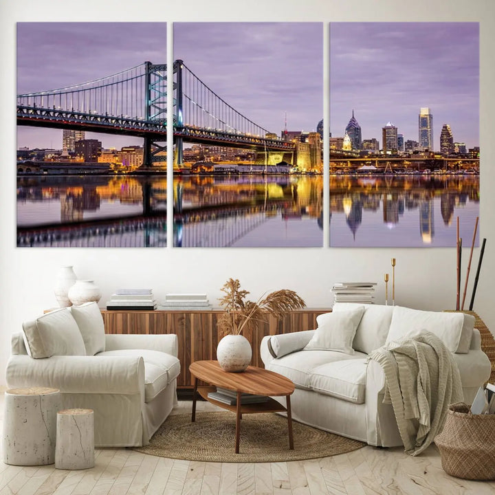 Extra Large Wall Art Philedelphia Canvas Print - Wonderful Ben Franklin Bridge with Perfect Reflection on Water at Sunset