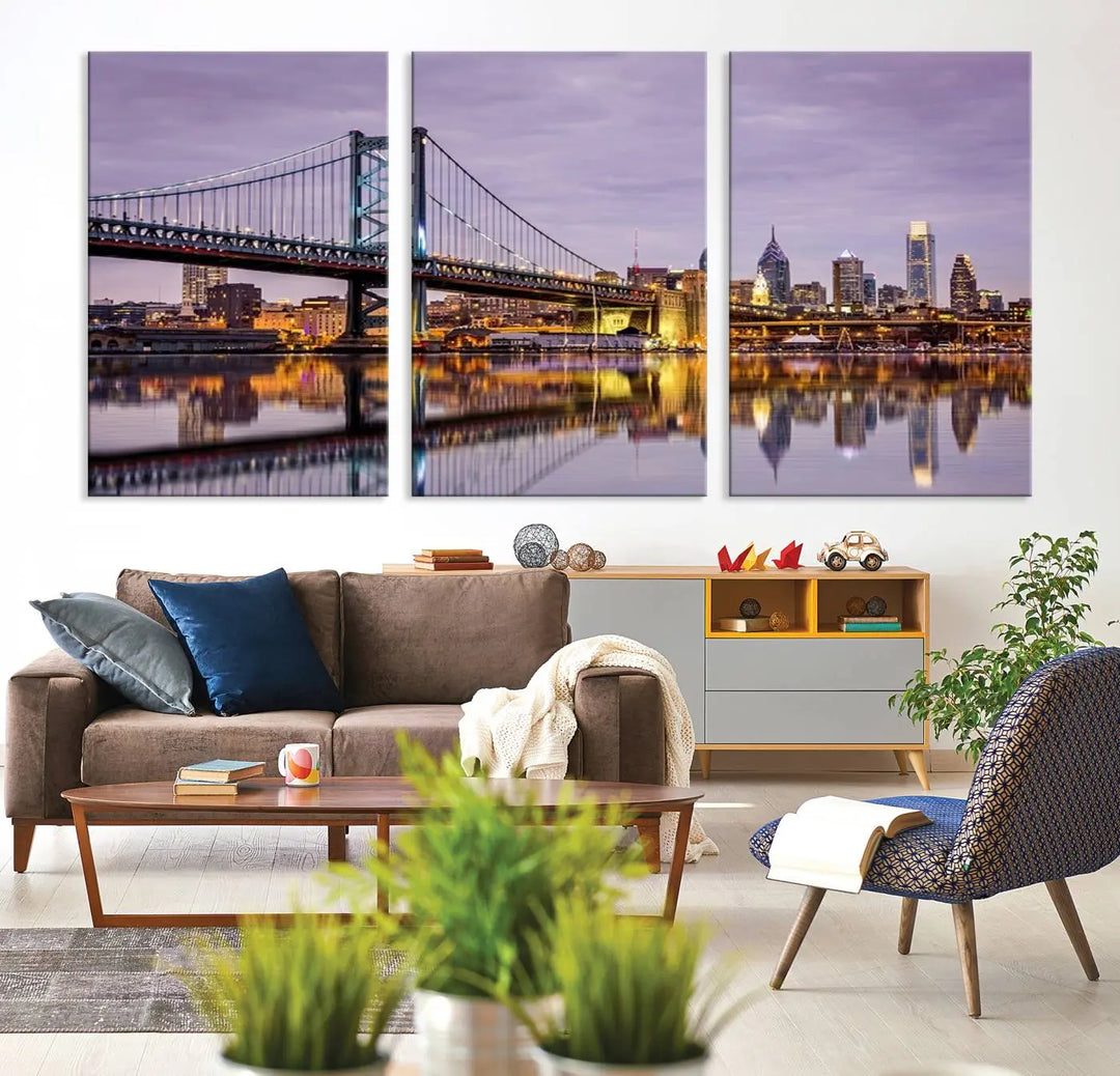 Extra Large Wall Art Philedelphia Canvas Print - Wonderful Ben Franklin Bridge with Perfect Reflection on Water at Sunset