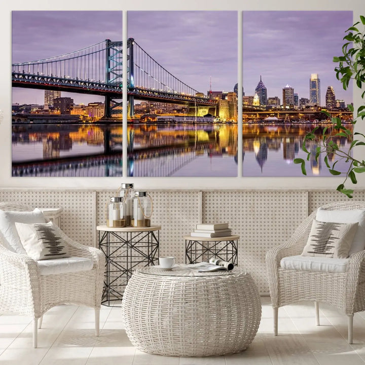 Extra Large Wall Art Philedelphia Canvas Print - Wonderful Ben Franklin Bridge with Perfect Reflection on Water at Sunset