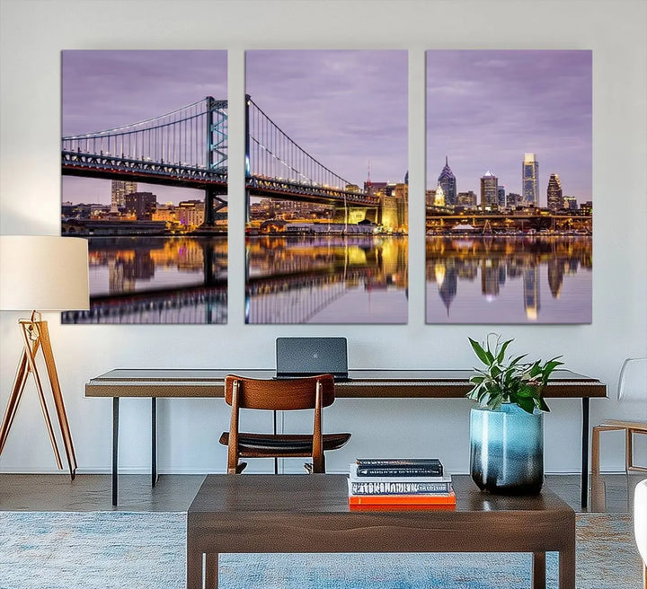 Extra Large Wall Art Philedelphia Canvas Print - Wonderful Ben Franklin Bridge with Perfect Reflection on Water at Sunset