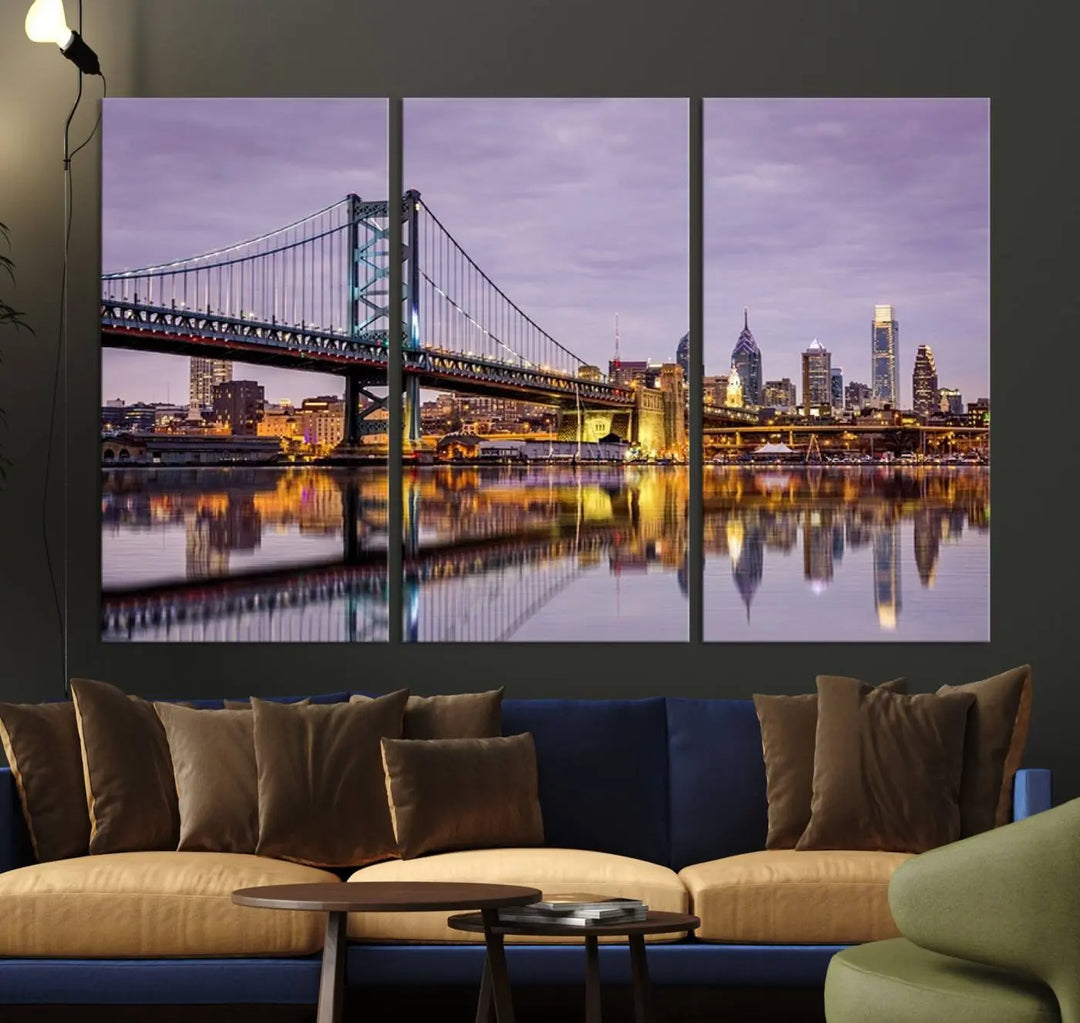 Extra Large Wall Art Philedelphia Canvas Print - Wonderful Ben Franklin Bridge with Perfect Reflection on Water at Sunset