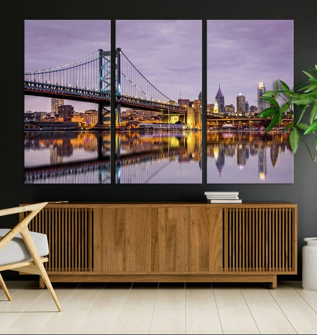 Extra Large Wall Art Philedelphia Canvas Print - Wonderful Ben Franklin Bridge with Perfect Reflection on Water at Sunset