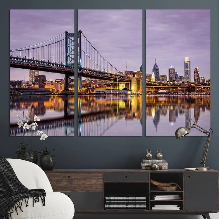 Extra Large Wall Art Philedelphia Canvas Print - Wonderful Ben Franklin Bridge with Perfect Reflection on Water at Sunset