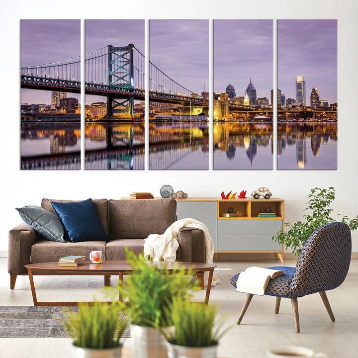 Extra Large Wall Art Philedelphia Canvas Print - Wonderful Ben Franklin Bridge with Perfect Reflection on Water at Sunset