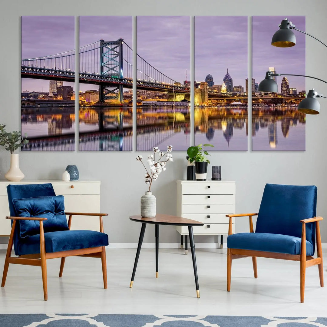 Extra Large Wall Art Philedelphia Canvas Print - Wonderful Ben Franklin Bridge with Perfect Reflection on Water at Sunset