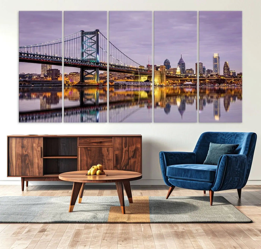 Extra Large Wall Art Philedelphia Canvas Print - Wonderful Ben Franklin Bridge with Perfect Reflection on Water at Sunset