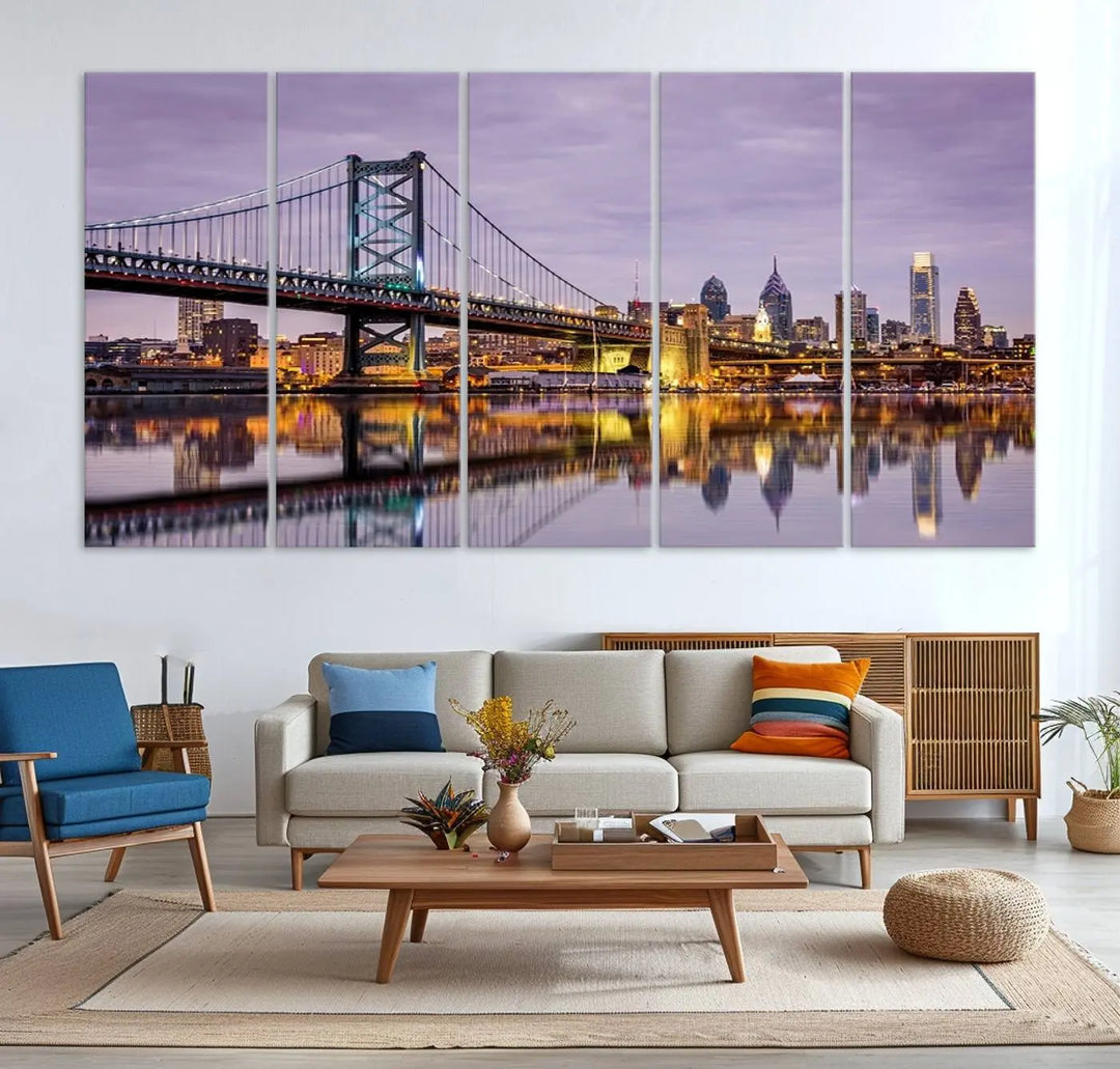 Extra Large Wall Art Philedelphia Canvas Print - Wonderful Ben Franklin Bridge with Perfect Reflection on Water at Sunset