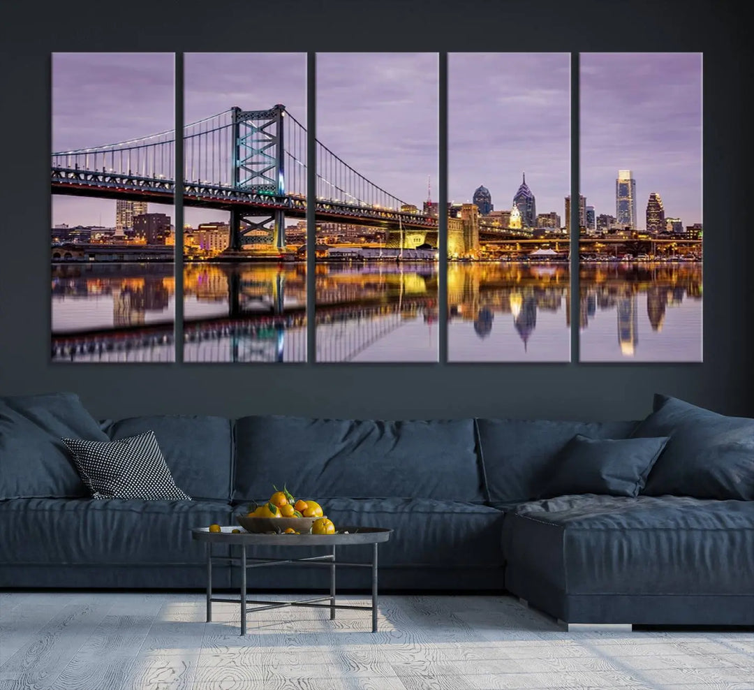 Extra Large Wall Art Philedelphia Canvas Print - Wonderful Ben Franklin Bridge with Perfect Reflection on Water at Sunset