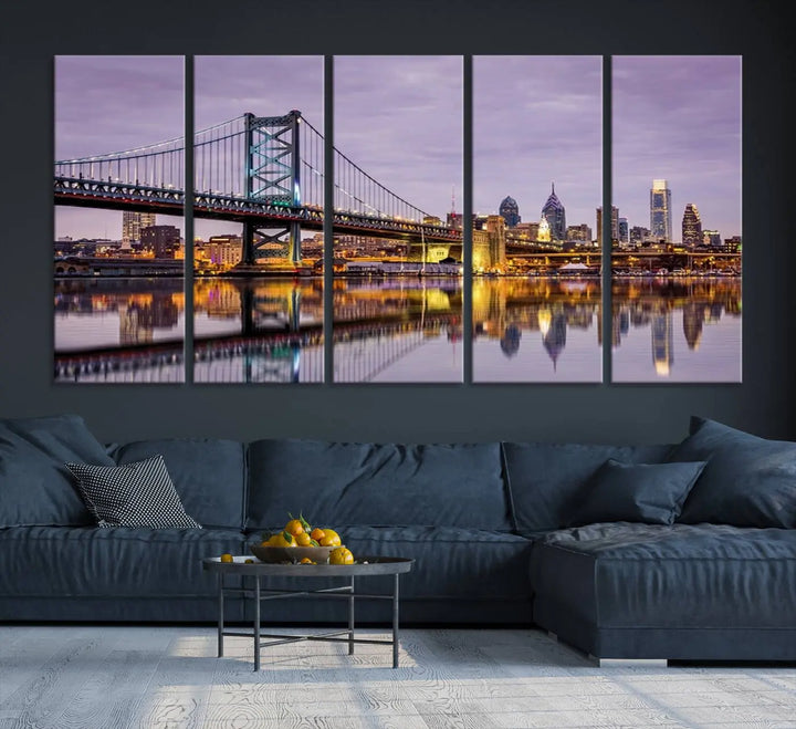 Extra Large Wall Art Philedelphia Canvas Print - Wonderful Ben Franklin Bridge with Perfect Reflection on Water at Sunset