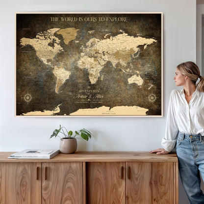 77826024S-MGV-CV-36X24-Personalized World Map Wall Art Print – Custom Push Pin Canvas Design, Framed Gift for Travel Memories, Couples or Special Occasions