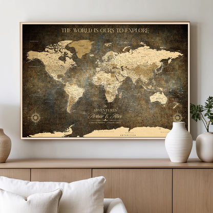 77826024S-MGV-CV-36X24-Personalized World Map Wall Art Print – Custom Push Pin Canvas Design, Framed Gift for Travel Memories, Couples or Special Occasions
