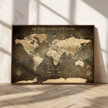 77826024S-MGV-CV-36X24-Personalized World Map Wall Art Print – Custom Push Pin Canvas Design, Framed Gift for Travel Memories, Couples or Special Occasions