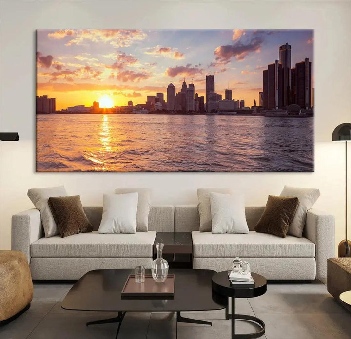 Fascinating Sunrise Detroit Skyline Cityscape Large Wall Art Canvas Print