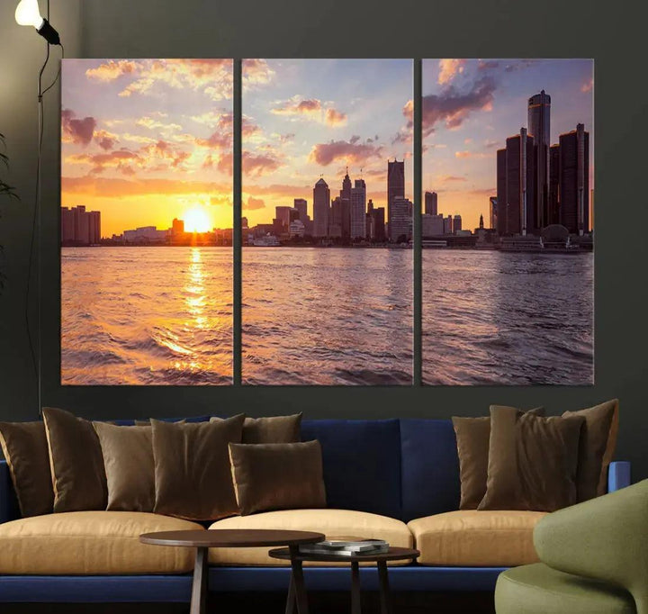 Fascinating Sunrise Detroit Skyline Cityscape Large Wall Art Canvas Print