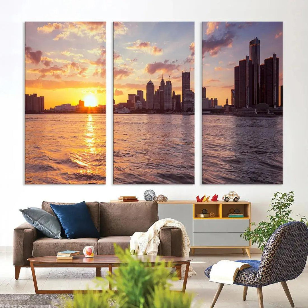 Fascinating Sunrise Detroit Skyline Cityscape Large Wall Art Canvas Print