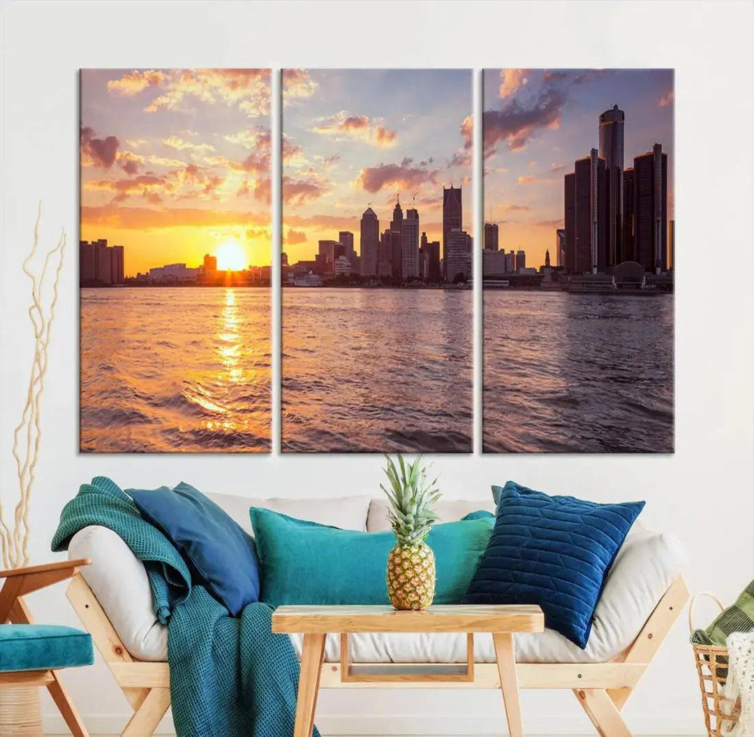 Fascinating Sunrise Detroit Skyline Cityscape Large Wall Art Canvas Print