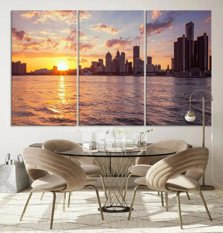 Fascinating Sunrise Detroit Skyline Cityscape Large Wall Art Canvas Print