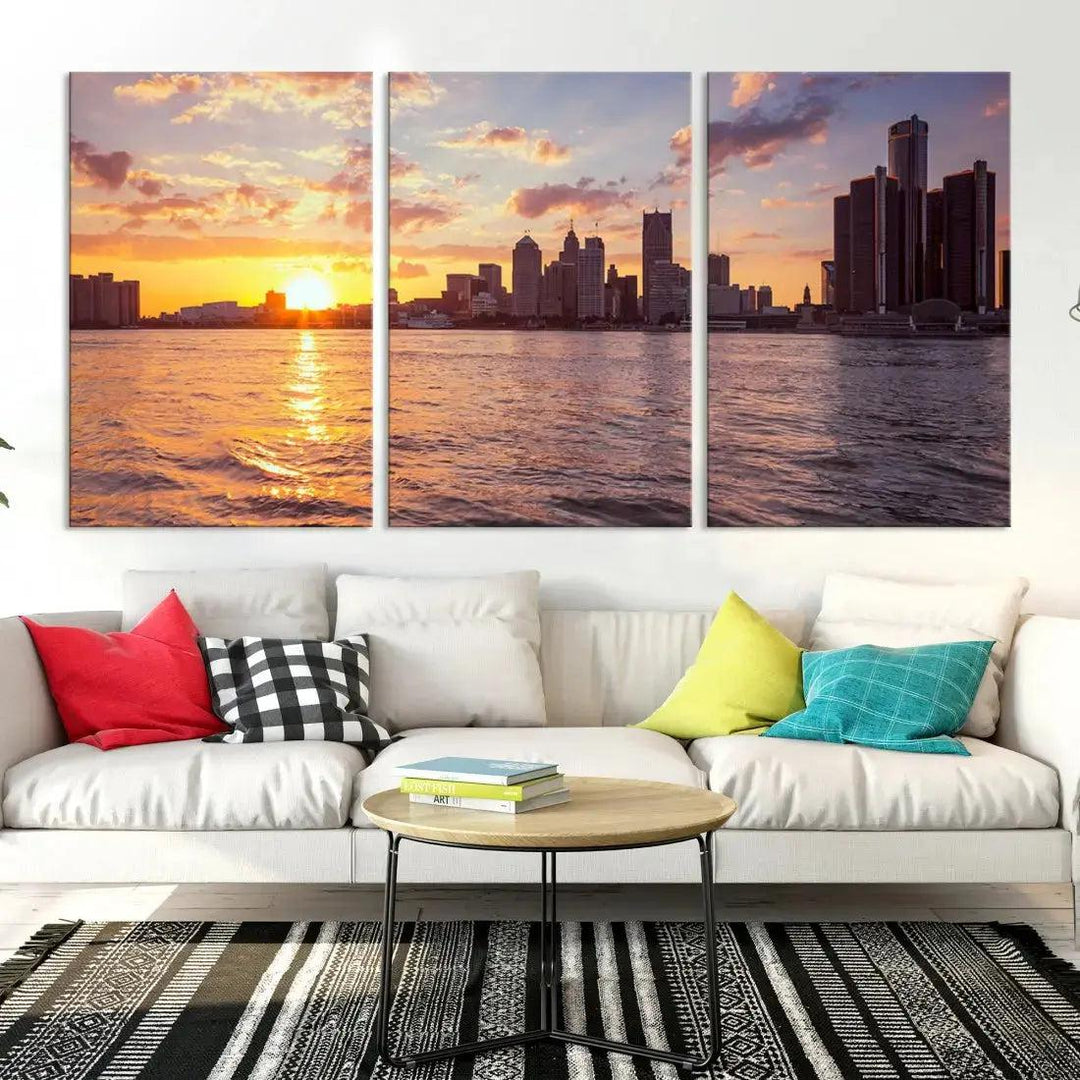 Fascinating Sunrise Detroit Skyline Cityscape Large Wall Art Canvas Print