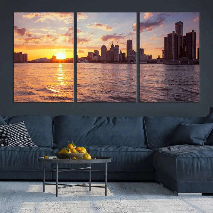 Fascinating Sunrise Detroit Skyline Cityscape Large Wall Art Canvas Print