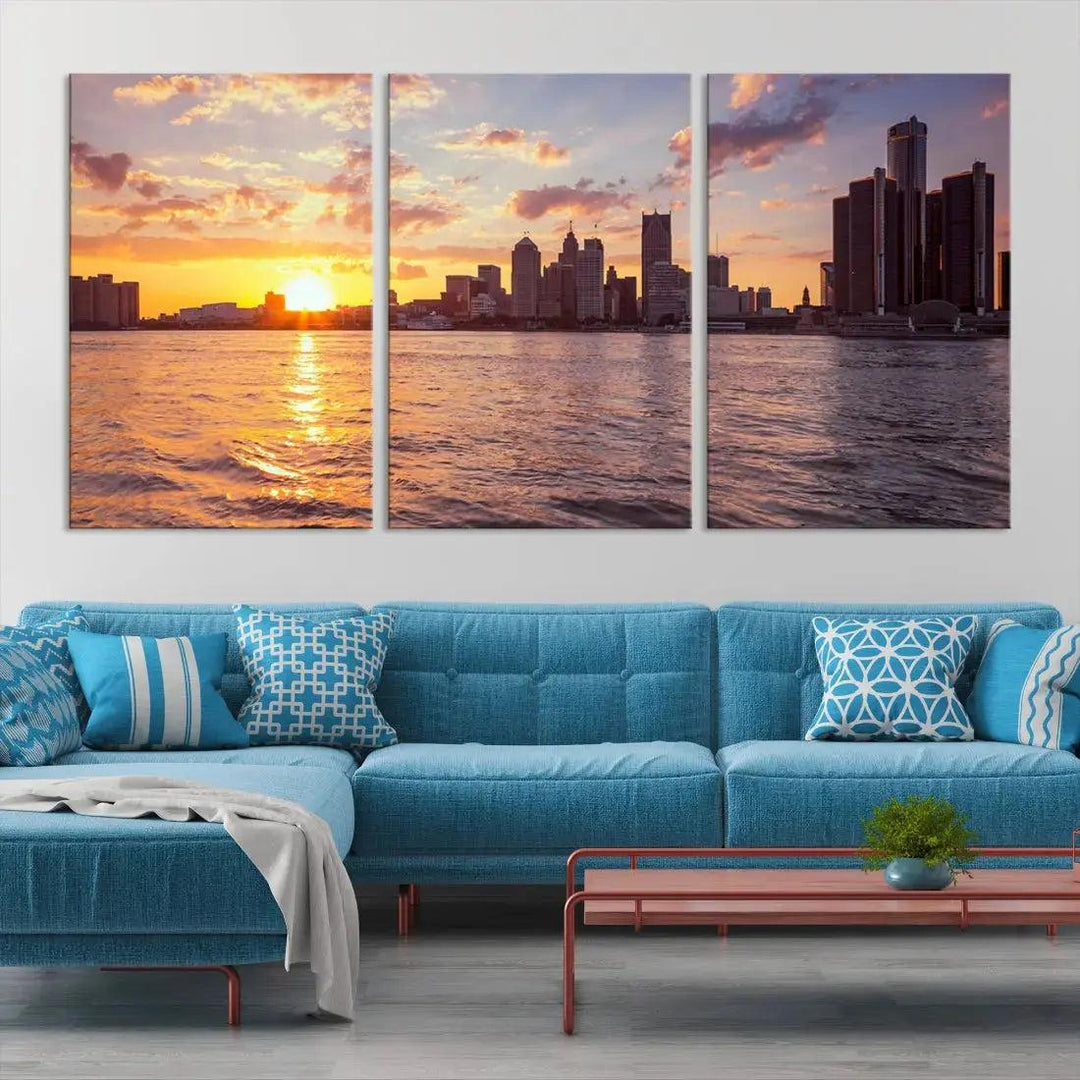 Fascinating Sunrise Detroit Skyline Cityscape Large Wall Art Canvas Print