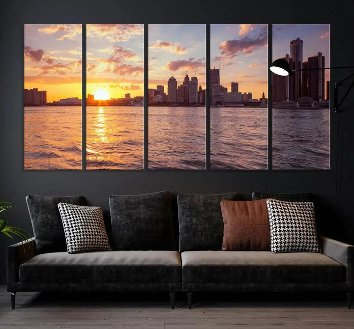 Fascinating Sunrise Detroit Skyline Cityscape Large Wall Art Canvas Print