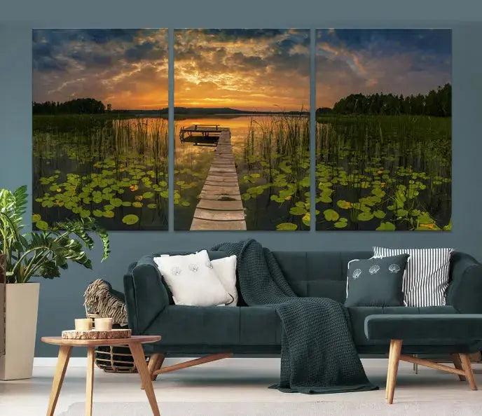 Flowers and Sunset at Lake Wall Art Natural Landscape Canvas Print