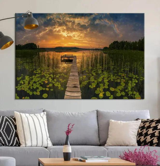 Flowers and Sunset at Lake Wall Art Natural Landscape Canvas Print