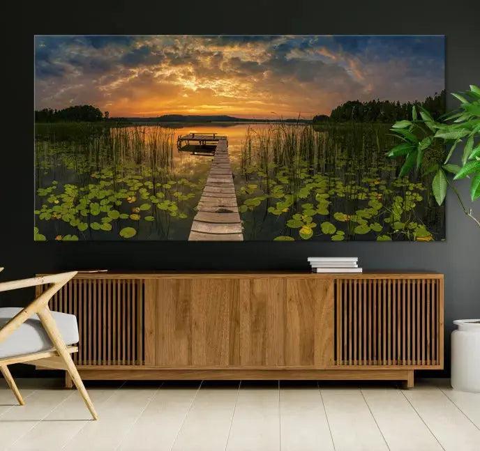 Flowers and Sunset at Lake Wall Art Natural Landscape Canvas Print