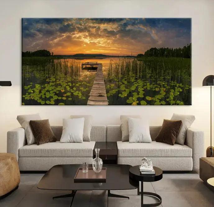 Flowers and Sunset at Lake Wall Art Natural Landscape Canvas Print