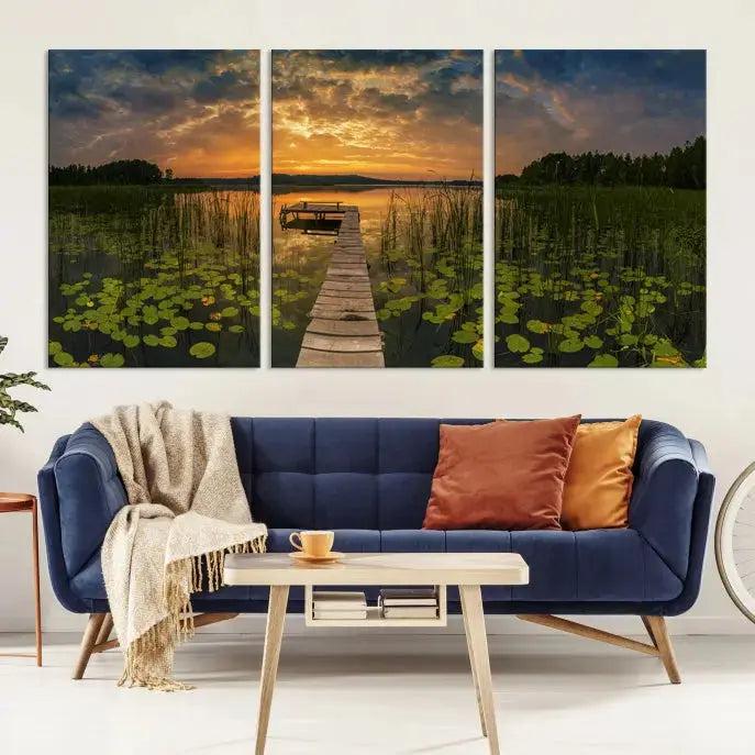 Flowers and Sunset at Lake Wall Art Natural Landscape Canvas Print