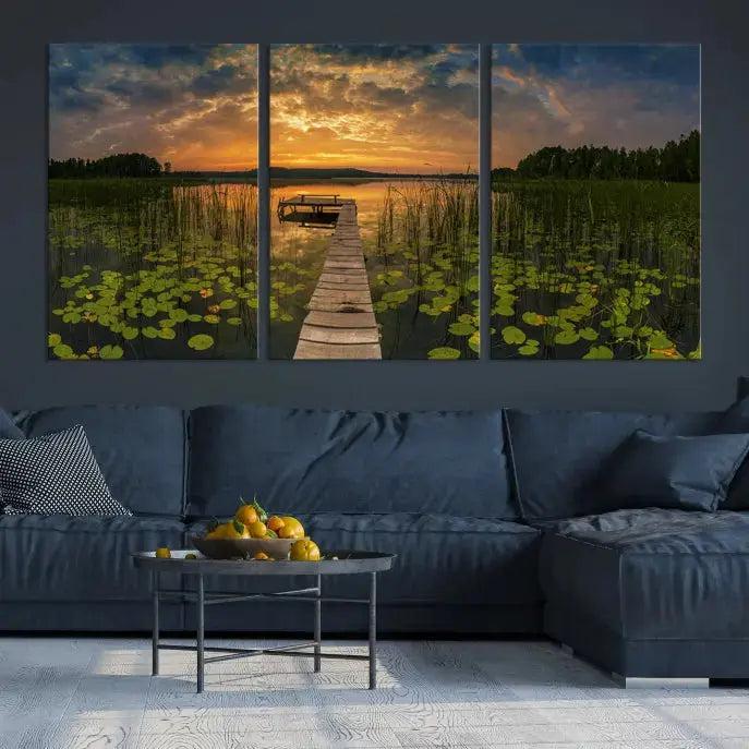 Flowers and Sunset at Lake Wall Art Natural Landscape Canvas Print